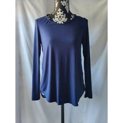 Miin Navy Blue Twist Back Sheer Damask Panel Long Sleeve Top Small TCD1037 USA - Thumbnail 2