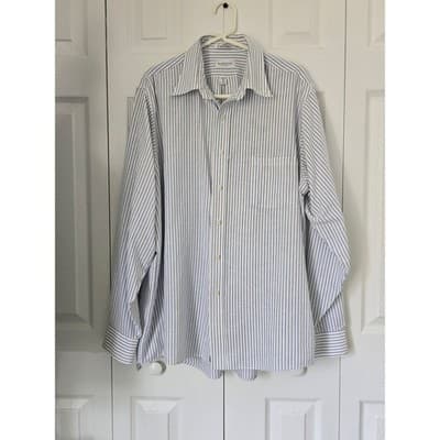 Van Heusen Mens Blue White Striped Oxford Shirt Wrinkle Free 17 36/37 Tailored - Image 1