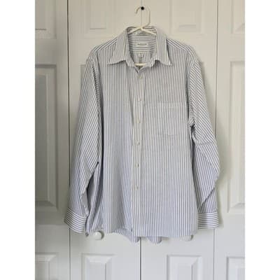 Van Heusen Mens Blue White Striped Oxford Shirt Wrinkle Free 17 36/37 Tailored - Thumbnail 10