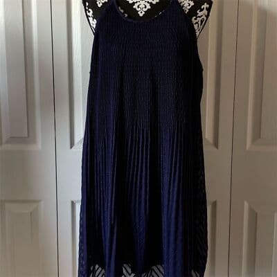 Elle Navy Blue Pleated Lined Halter Textured Keyhole Dress Sleeveless - Image 1