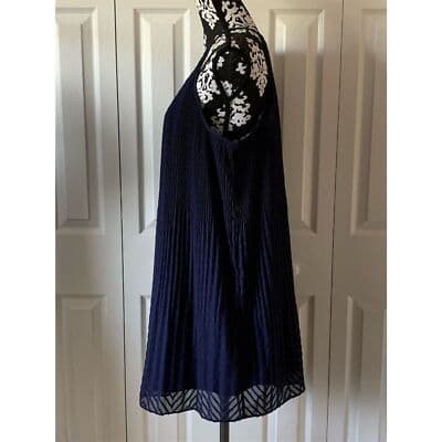 Elle Navy Blue Pleated Lined Halter Textured Keyhole Dress Sleeveless - Thumbnail 3