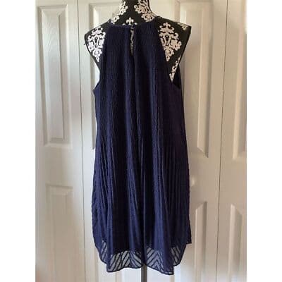 Elle Navy Blue Pleated Lined Halter Textured Keyhole Dress Sleeveless - Thumbnail 5