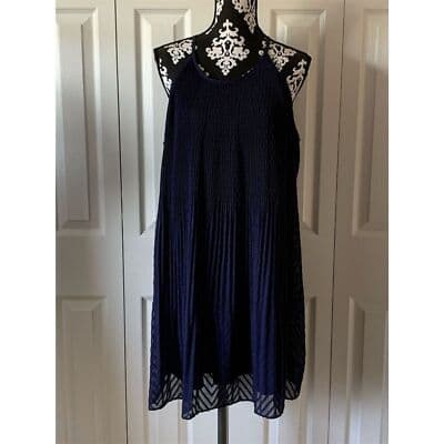 Elle Navy Blue Pleated Lined Halter Textured Keyhole Dress Sleeveless - Thumbnail 7