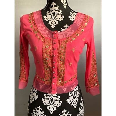 Basil & Maude XS Pink Embroidered Cardigan Gold Details Sparkling Buttonsi - Thumbnail 3
