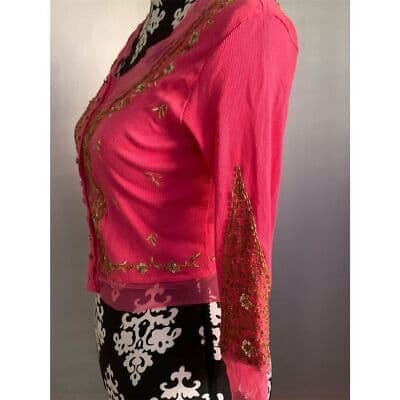 Basil & Maude XS Pink Embroidered Cardigan Gold Details Sparkling Buttonsi - Thumbnail 4