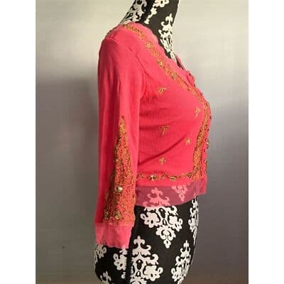 Basil & Maude XS Pink Embroidered Cardigan Gold Details Sparkling Buttonsi - Thumbnail 7