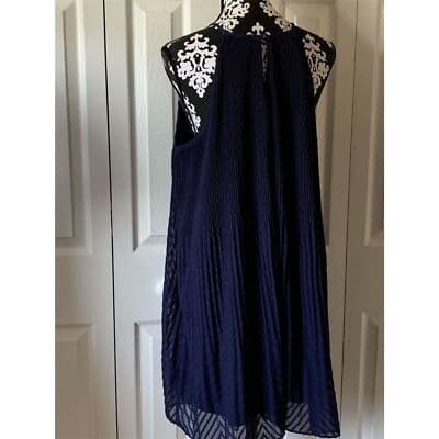 Elle Navy Blue Pleated Lined Halter Textured Keyhole Dress Sleeveless - Thumbnail 4