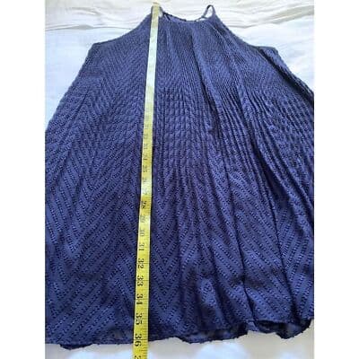 Elle Navy Blue Pleated Lined Halter Textured Keyhole Dress Sleeveless - Thumbnail 13