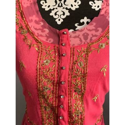 Basil & Maude XS Pink Embroidered Cardigan Gold Details Sparkling Buttonsi - Thumbnail 5