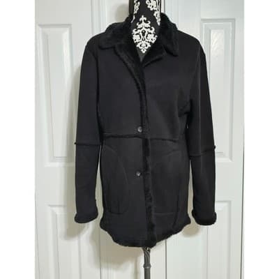 Merona Womens Black Faux Suede Shearling Coat Faux Fur Trim Jacket Size M - Thumbnail 13