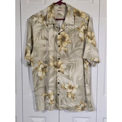 Tommy Bahama Mens 100% Silk Tropical Floral Camp Shirt Tan Beige Short Sleeve L - Image 1