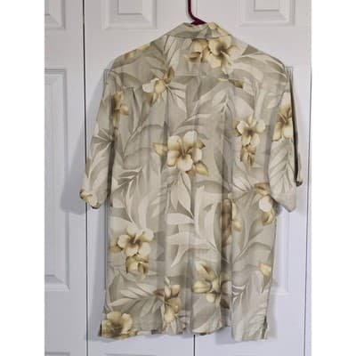 Tommy Bahama Mens 100% Silk Tropical Floral Camp Shirt Tan Beige Short Sleeve L - Thumbnail 2