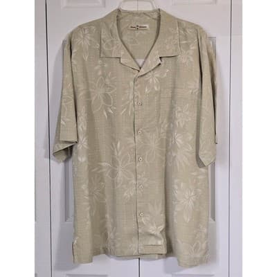 Tommy Bahama Mens Tan Floral Jacquard Silk Blend Short Sleeve Camp Shirt XL - Image 1