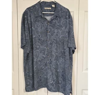 Batik Bay Mens 2XB Blue Dragon Print Rayon Short Sleeve Button Down Shirt - Image 1