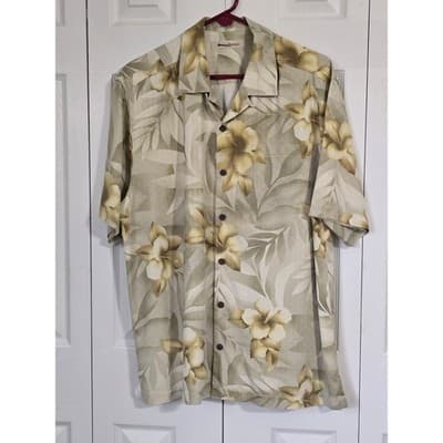 Tommy Bahama Mens 100% Silk Tropical Floral Camp Shirt Tan Beige Short Sleeve L - Thumbnail 10