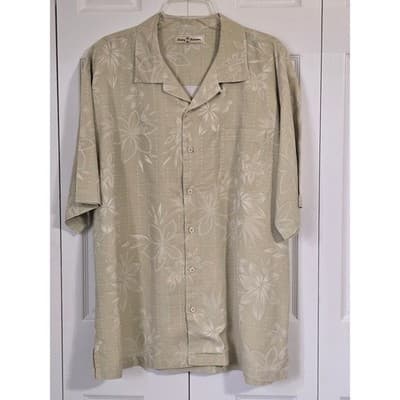 Tommy Bahama Mens Tan Floral Jacquard Silk Blend Short Sleeve Camp Shirt XL - Thumbnail 10
