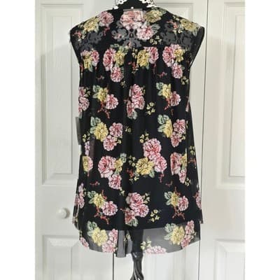 Bobbie Brooks Ladies Medium Black Floral Mesh Sleeveless Top Pink Yellow Rose - Thumbnail 2