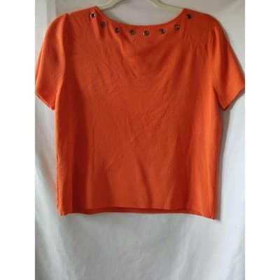 Pink Poodle Womens Short Sleeve Sweater Gold Grommets V-Neck Pullover Size L - Thumbnail 2