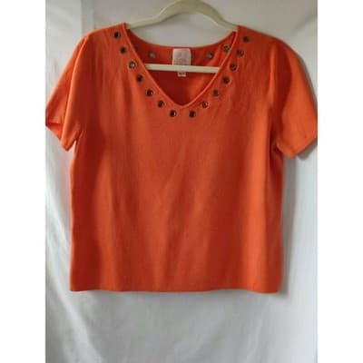 Pink Poodle Womens Short Sleeve Sweater Gold Grommets V-Neck Pullover Size L - Image 1