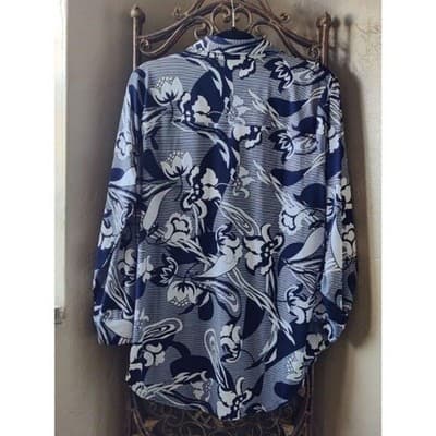 Lynn Ryan Womans Navy/white Floral Soft Long Sleeve Tie Cuffs Button Top Size L - Thumbnail 3