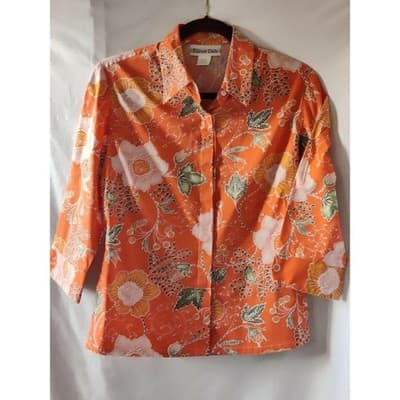 Eileen Dale Womens Floral Button Shirt 3/4 Sleeve Collared Orange Size 10 - Image 1