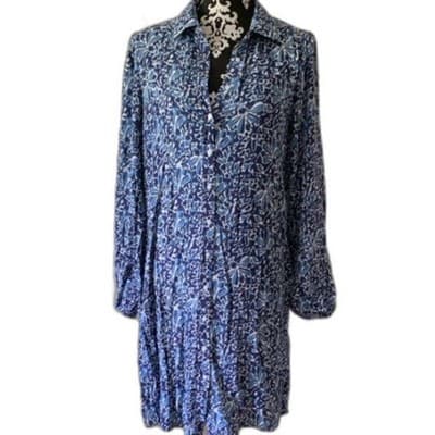 Well Worn Blue Floral Shirt Dress Womens Medium Long Sleeve Button Front Batik - Thumbnail 2