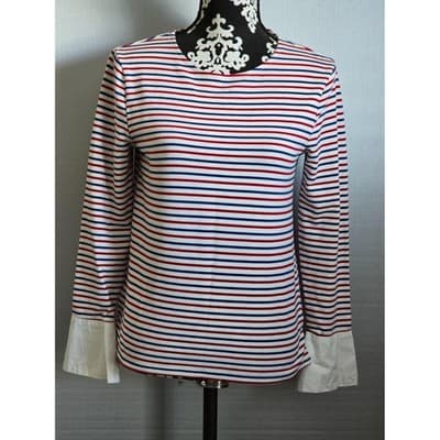 Deletta Women's Size S Nautical Striped Long Sleeve Blouse with White Cuffs - Image 1