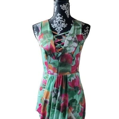 Venus Multi Floral Print Chiffon Strappy Draped Midi Dress XS - Thumbnail 6