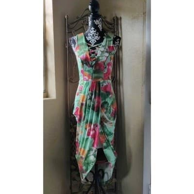 Venus Multi Floral Print Chiffon Strappy Draped Midi Dress XS - Thumbnail 7