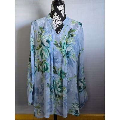 Susan Graver Women's Floral V-Neck Long Sleeve Semi-Sheer Tunic Blouse Blue - Image 1