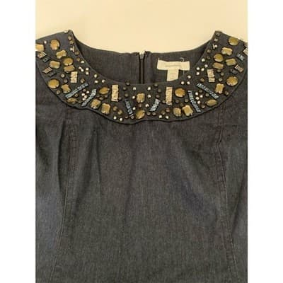 Dressbarn Petite Beaded Sheath Dress Blue Knee Length Size 12P Short Sleeve - Thumbnail 6