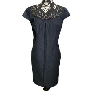 Dressbarn Petite Beaded Sheath Dress Blue Knee Length Size 12P Short Sleeve - Thumbnail 5