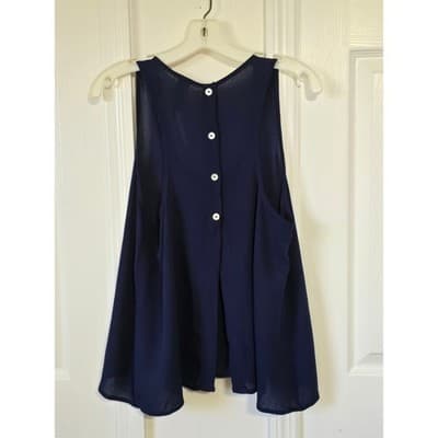 Navy Blue Sleeveless Tank Top Flowy Blouse Button Back Casual Summer Womens - Thumbnail 7
