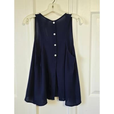 Navy Blue Sleeveless Tank Top Flowy Blouse Button Back Casual Summer Womens - Thumbnail 6