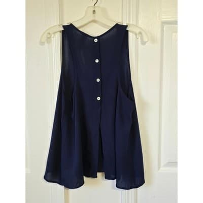 Large Navy Blue Sleeveless Tank Top Flowy Blouse Button Back Casual Summer Women - Thumbnail 6