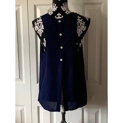 Large Navy Blue Sleeveless Tank Top Flowy Blouse Button Back Casual Summer Women - Thumbnail 3