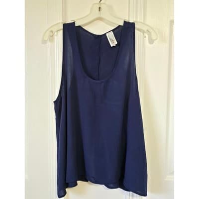 Large Navy Blue Sleeveless Tank Top Flowy Blouse Button Back Casual Summer Women - Thumbnail 5