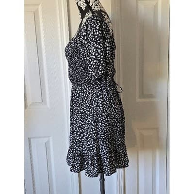 Black White Spot Puff Sleeve Smocked Square Neck Tiered Mini Dress - Thumbnail 10