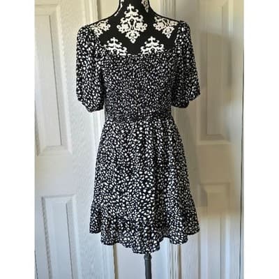 Black White Spot Puff Sleeve Smocked Square Neck Tiered Mini Dress - Image 1