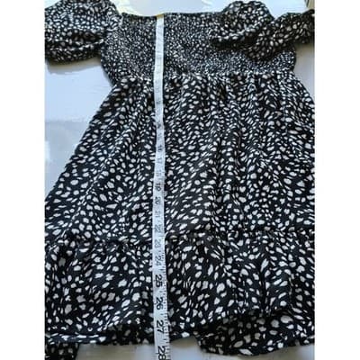 Black White Spot Puff Sleeve Smocked Square Neck Tiered Mini Dress - Thumbnail 8