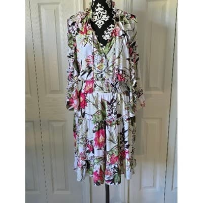 Chicos Floral Print Long Sleeve Tiered Ruffle Dress Midi Size 1 - Thumbnail 16
