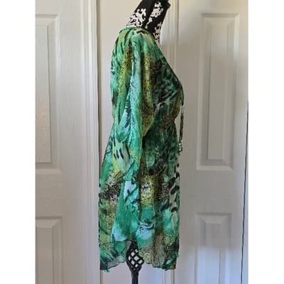 Swim & Smile Green Animal Print Sheer Kaftan Tunic Cover Up Top XL - Thumbnail 8