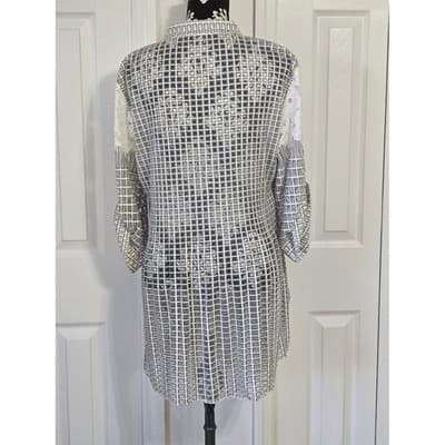 Womens Geometric Square Print V Neck Blouse Casual Top - Thumbnail 10