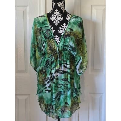 Swim & Smile Green Animal Print Sheer Kaftan Tunic Cover Up Top XL - Thumbnail 11