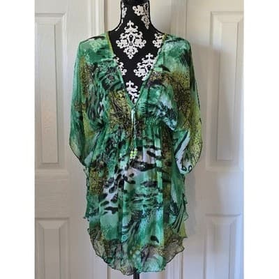 Swim & Smile Green Animal Print Sheer Kaftan Tunic Cover Up Top XL - Image 1