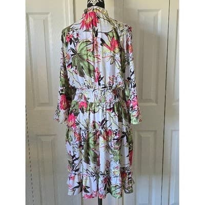 Chicos Floral Print Long Sleeve Tiered Ruffle Dress Midi Size 1 - Thumbnail 2