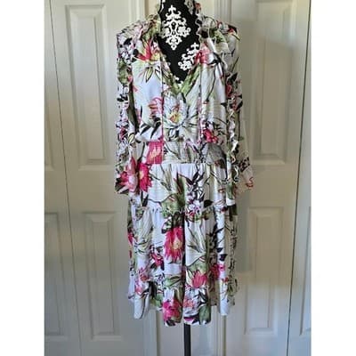 Chicos Floral Print Long Sleeve Tiered Ruffle Dress Midi Size 1 - Image 1