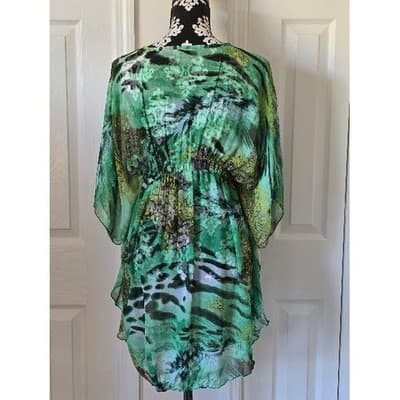 Swim & Smile Green Animal Print Sheer Kaftan Tunic Cover Up Top XL - Thumbnail 9