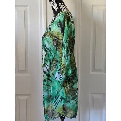 Swim & Smile Green Animal Print Sheer Kaftan Tunic Cover Up Top XL - Thumbnail 10