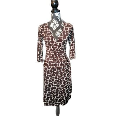 One Clothing Brown Geometric Circle Print Faux Wrap Midi Dress 3/4 Sleeve - Image 1